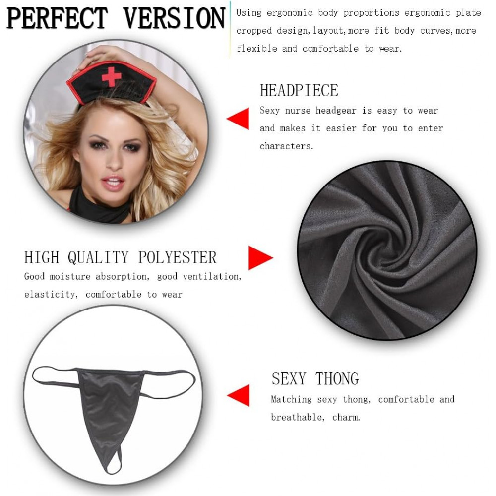 Різне - Костюм Медсестра Sunspice плаття, шапочка на обручі, стрінги, чорно-червоний, O/S 2