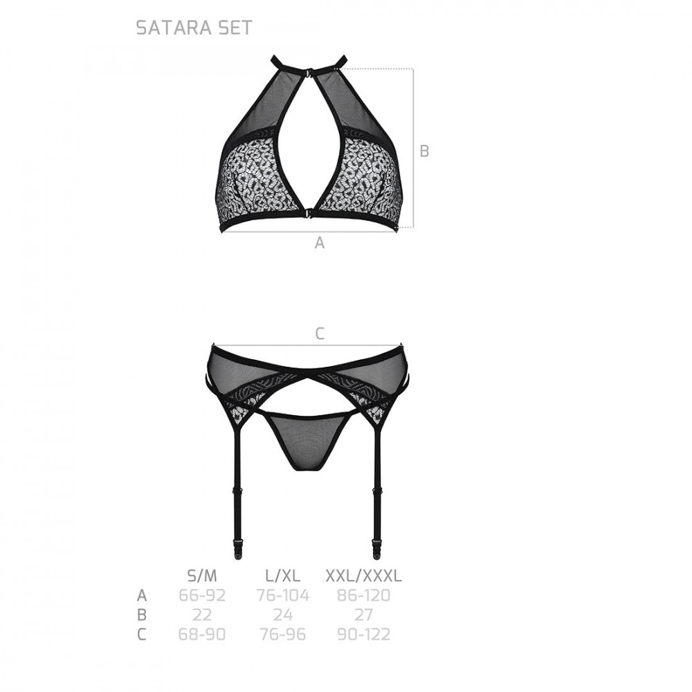 Эротические комплекты - Комплект белья Passion SATARA SET L/XL black, топ, пояс для чулок, стринги 1