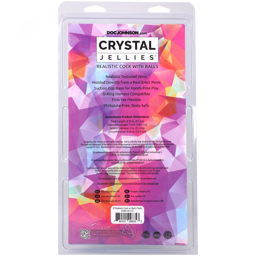 Фалоімітатор - Фалоімітатор Doc Johnson Crystal Jellies - 8 Inch Realistic Cock with Balls- Teal 4
