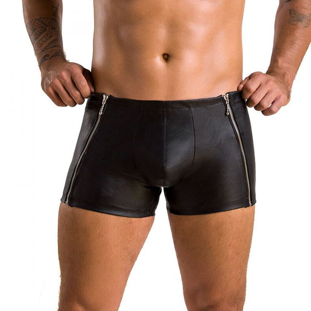 Стринги, трусы и шорты - Мужские кожаные боксеры с молниями Passion 049 Short Matt L/XL Black