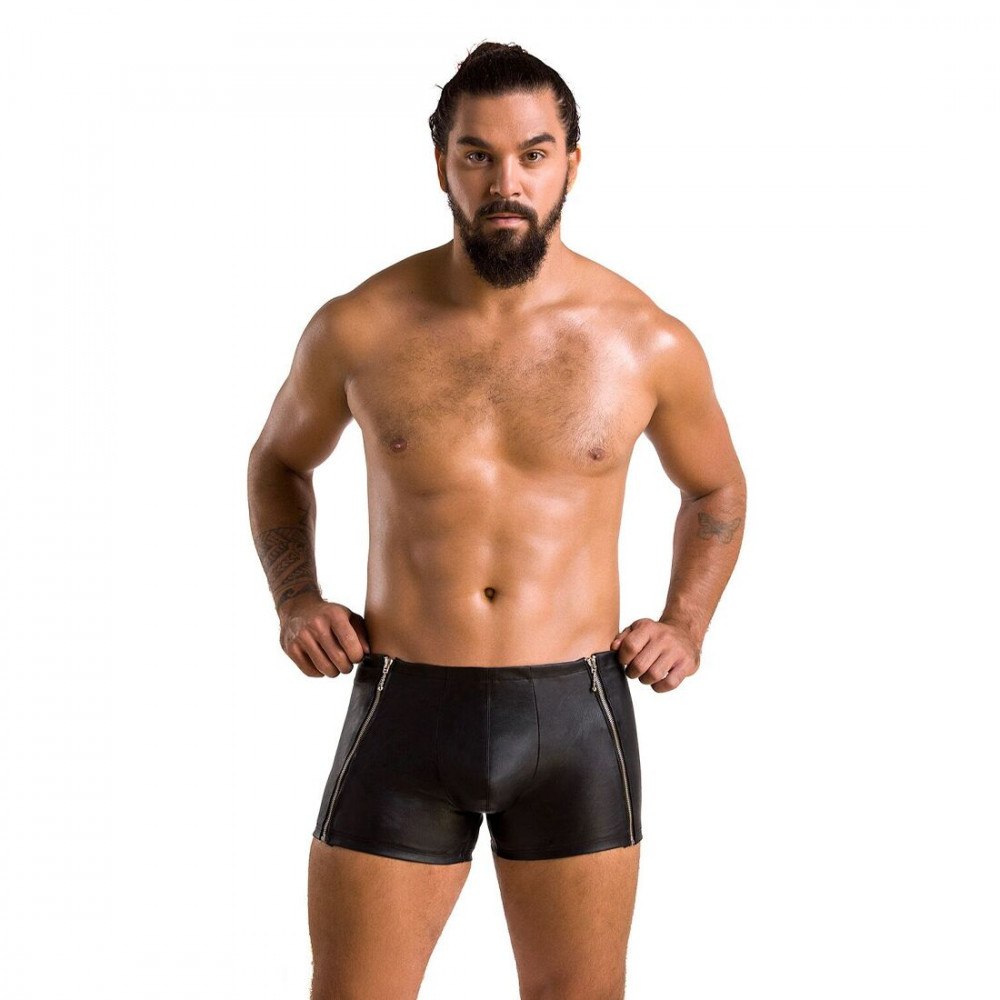 Стринги, трусы и шорты - Мужские кожаные боксеры с молниями Passion 049 Short Matt L/XL Black 4