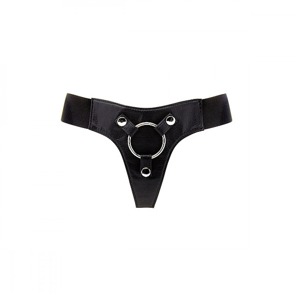 Страпоны - Трусики для страпона REALROCK Elastic Harness с кольцом, кожаные, черные, One Size (S-XL)