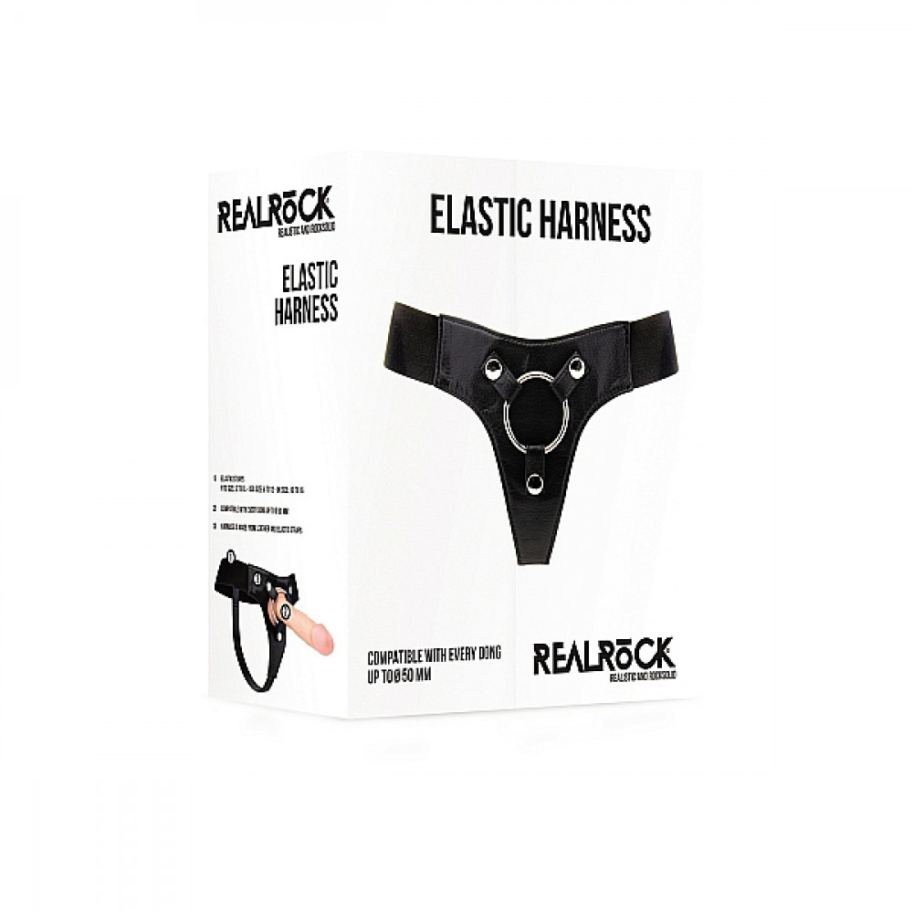 Страпоны - Трусики для страпона REALROCK Elastic Harness с кольцом, кожаные, черные, One Size (S-XL) 1