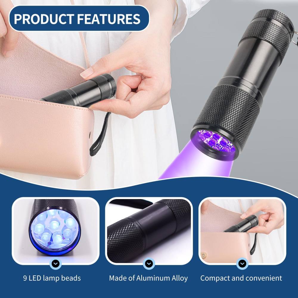  - Ультрафіолетовий світлодіодний ліхтарик, чорний, 8,7 × 2,5 см 1