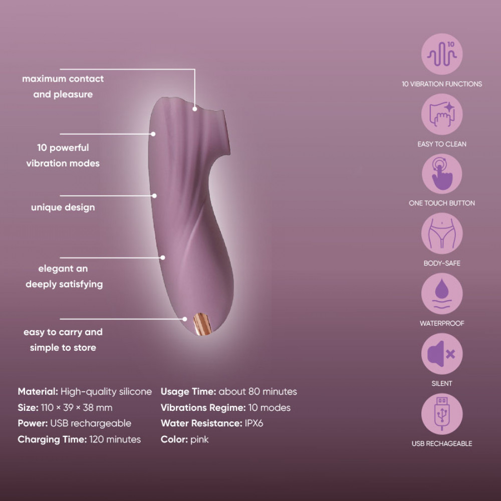 Вібропулі та міні-вібратори - Кліторальний вібратор Sweet Em з вакуумом, сіро-фіолетовий, 11 см 5