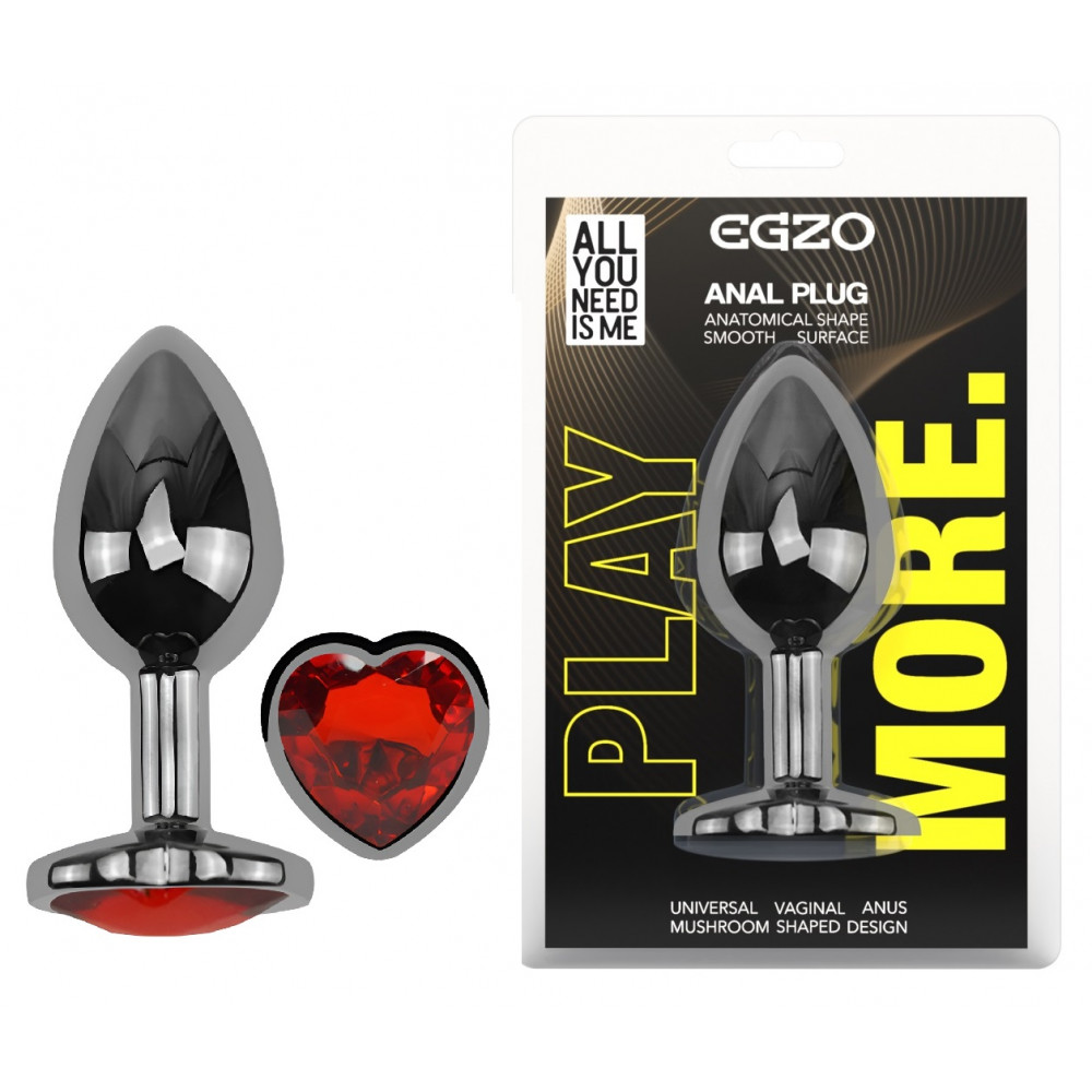 Анальные игрушки без вибрации - Анальная пробка с кристаллом EGZO - Dark Silver Heart Plug Red size S