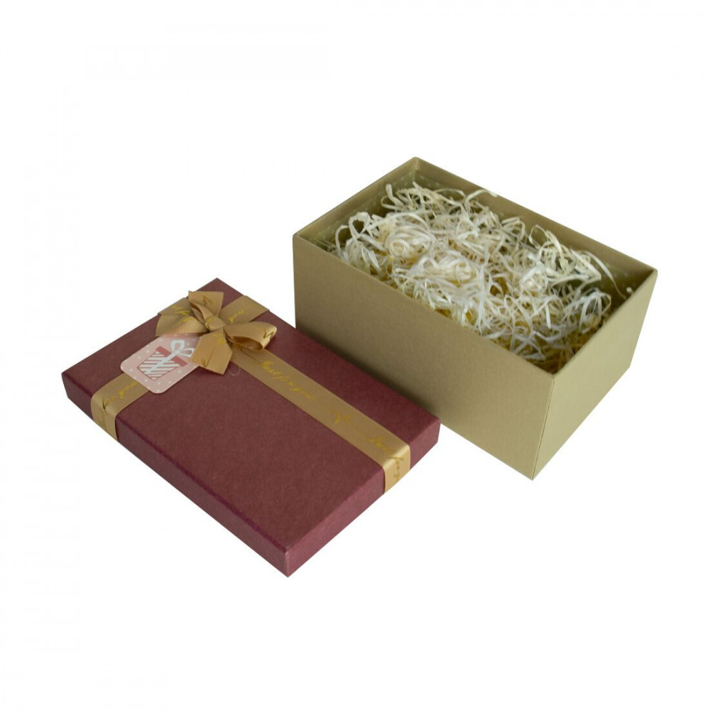  - Подарочная коробка с бантом бордово-золотая, S — 21,5×14,5×9,7 см