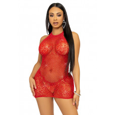 Платье-сетка со стразами Leg Avenue Rhinestone halter mini dress Red, открытая спина, one size