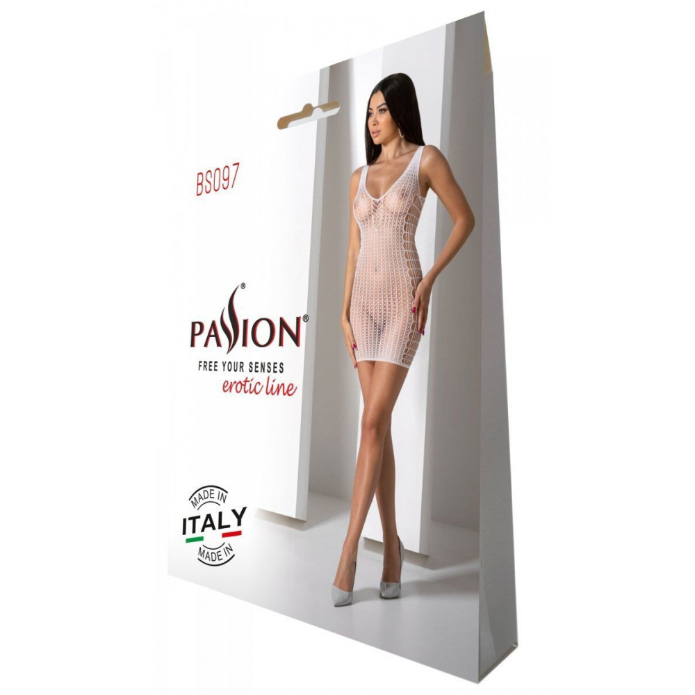 Бодистокинг - Мини-платье с вертикальным узором Passion BS097 One Size, white, плетение по бокам 4