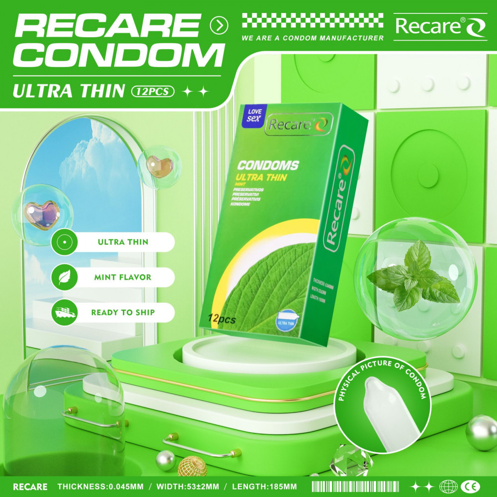 Презервативы - Презервативы Recare Ultra Thin Mint Condoms 12 шт, ультратонкие, аромат: мята 4