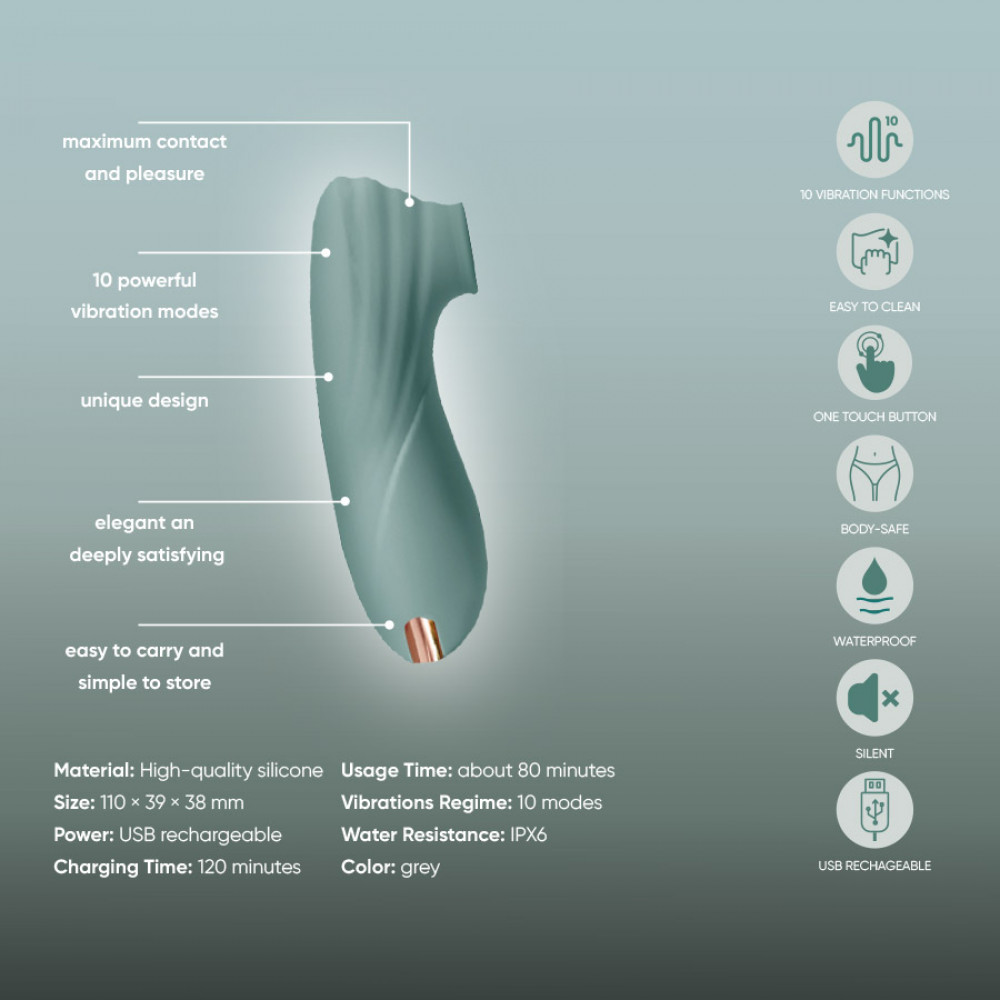 Вібропулі та міні-вібратори - Кліторальний вібратор Sweet Em з вакуумом, сіро-блакитний, 11 см 6