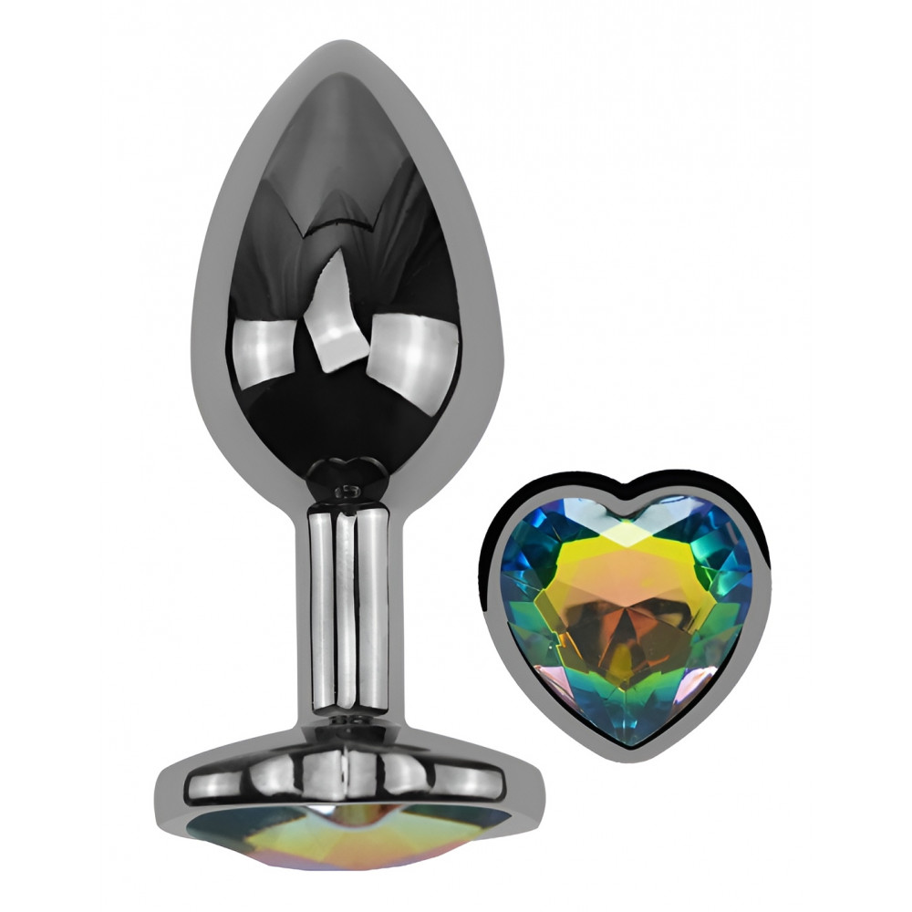 Анальные игрушки без вибрации - Анальная пробка с кристаллом EGZO - Dark Silver Heart Plug Rainbow size S 5