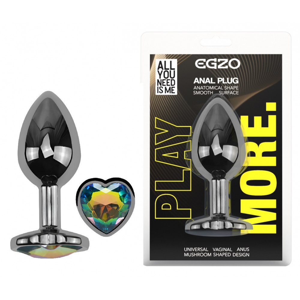 Анальные игрушки без вибрации - Анальная пробка с кристаллом EGZO - Dark Silver Heart Plug Rainbow size S
