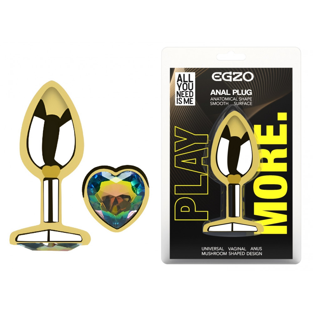  - Анальная пробка с кристаллом EGZO - Gold Heart Plug Rainbow size M