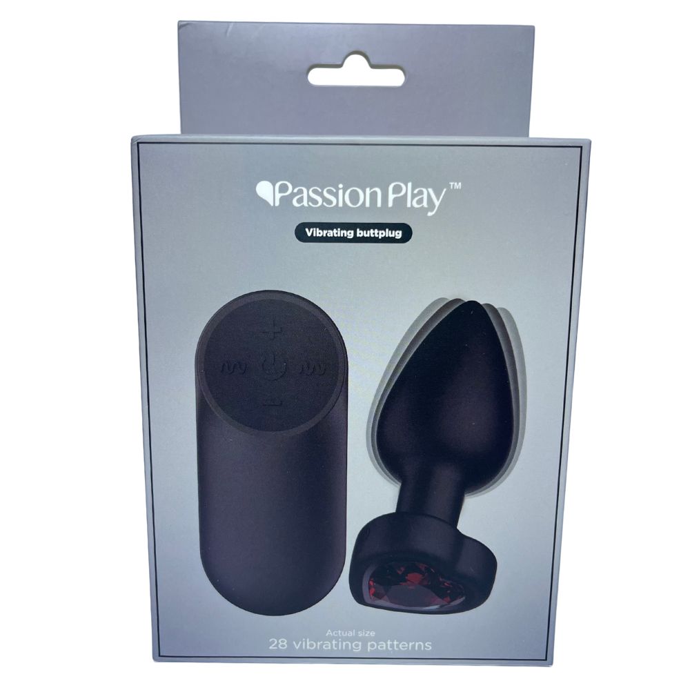 Анальные игрушки с вибрацией - Анальная вибропробка с пультом Passion Play с красным камнем в форме сердца, 28 режимов, чёрная 1