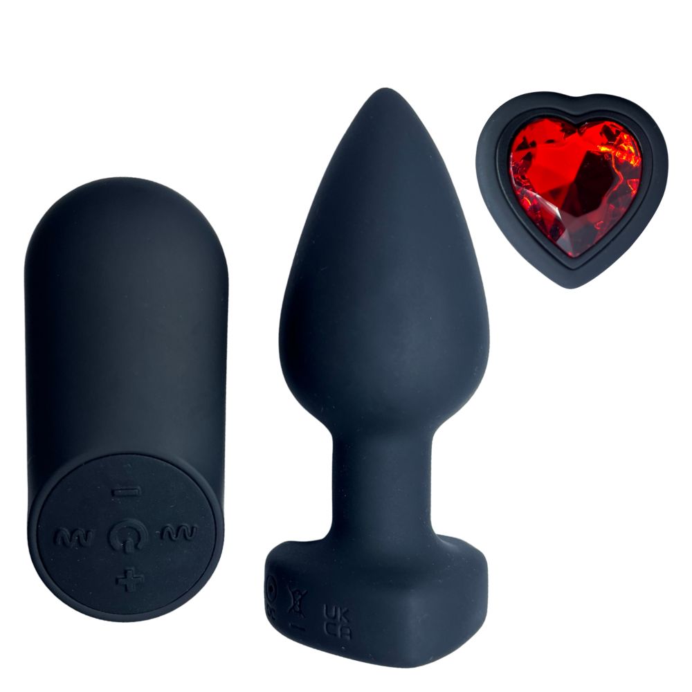 Анальные игрушки с вибрацией - Анальная вибропробка с пультом Passion Play с красным камнем в форме сердца, 28 режимов, чёрная