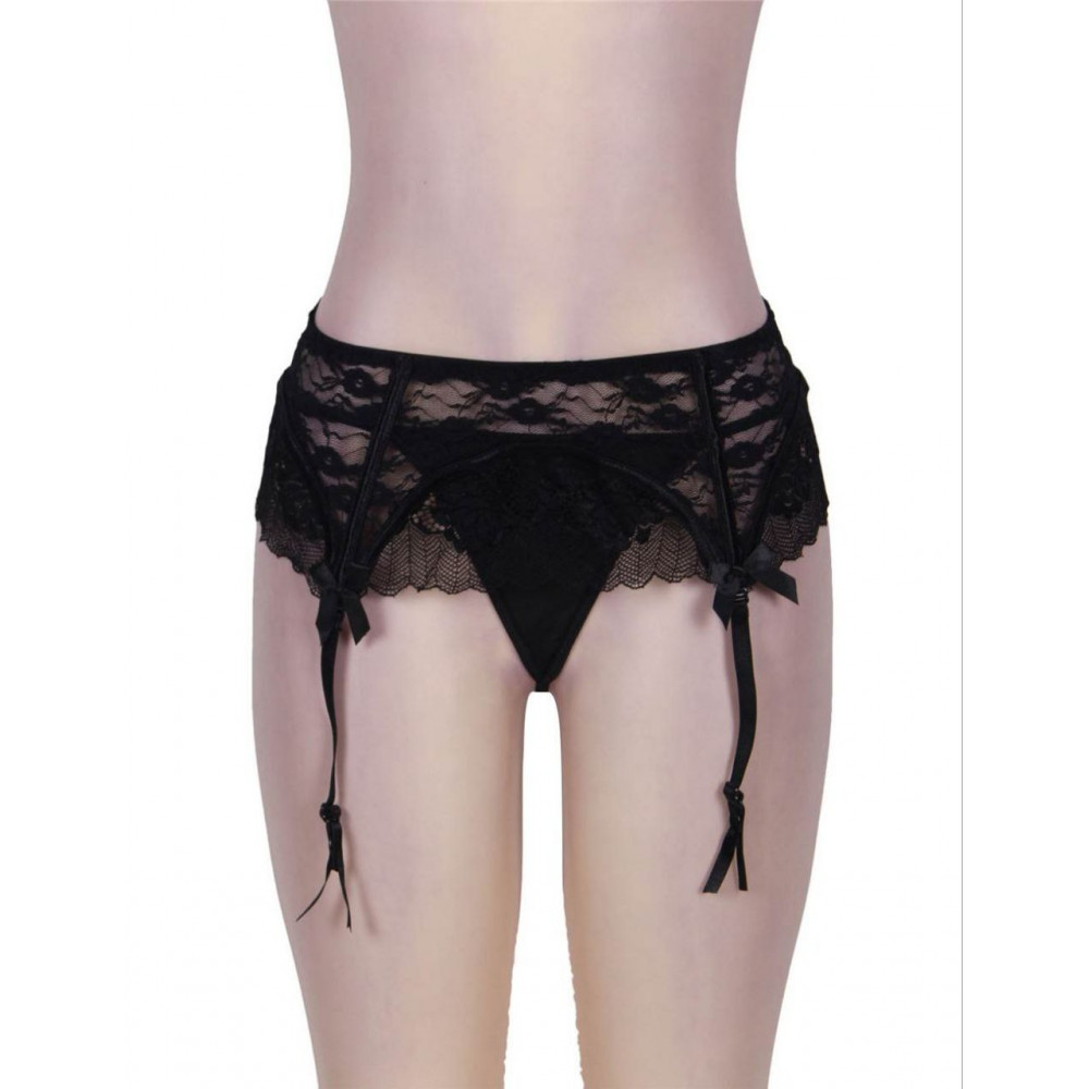 Різне - Комплект Star Night мереживний пояс для панчіх і трусики стрінги, чорний 3