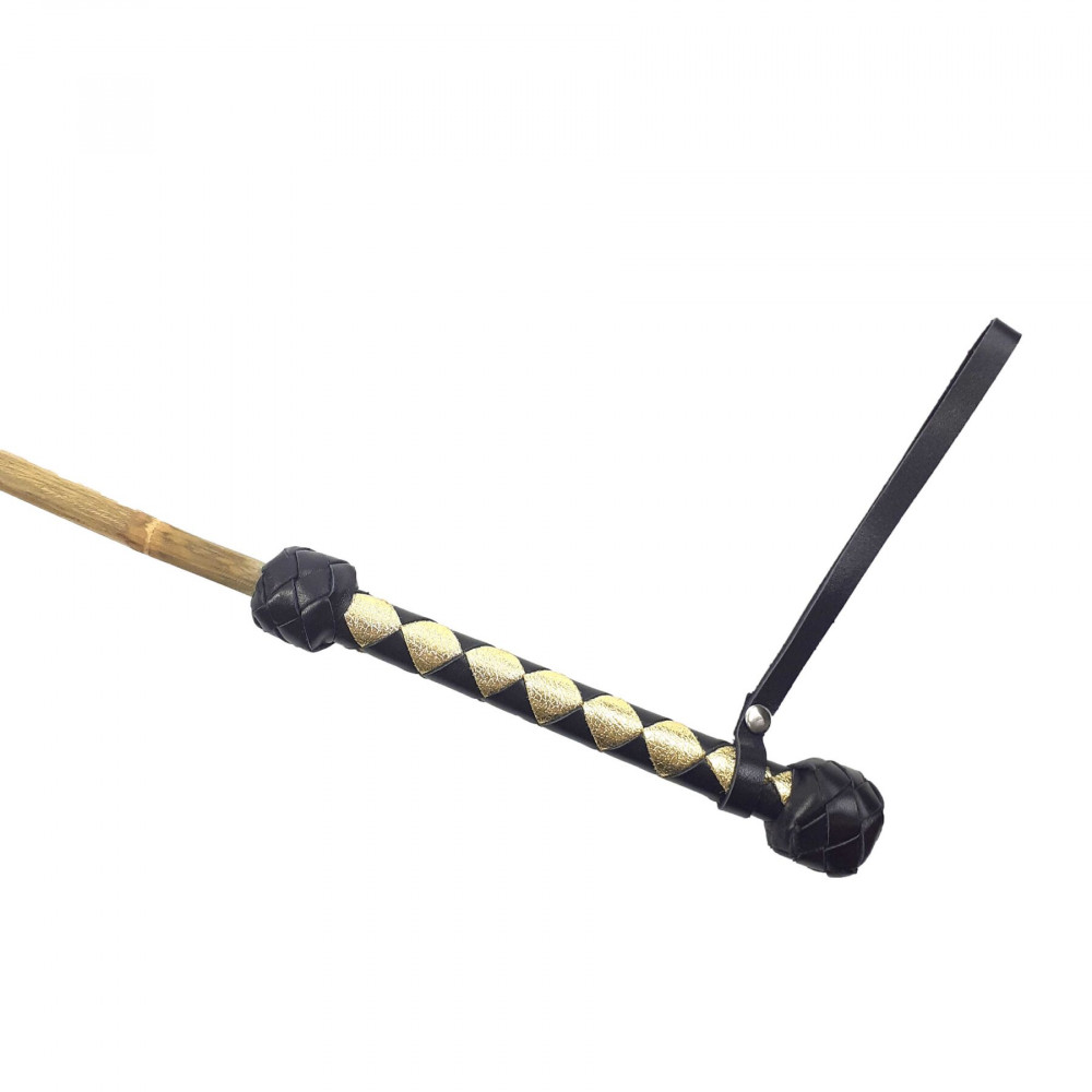 БДСМ плети, шлепалки, метелочки - Трость бамбуковая 75 см , рукоятка натуральная кожа, черно-золотая 1
