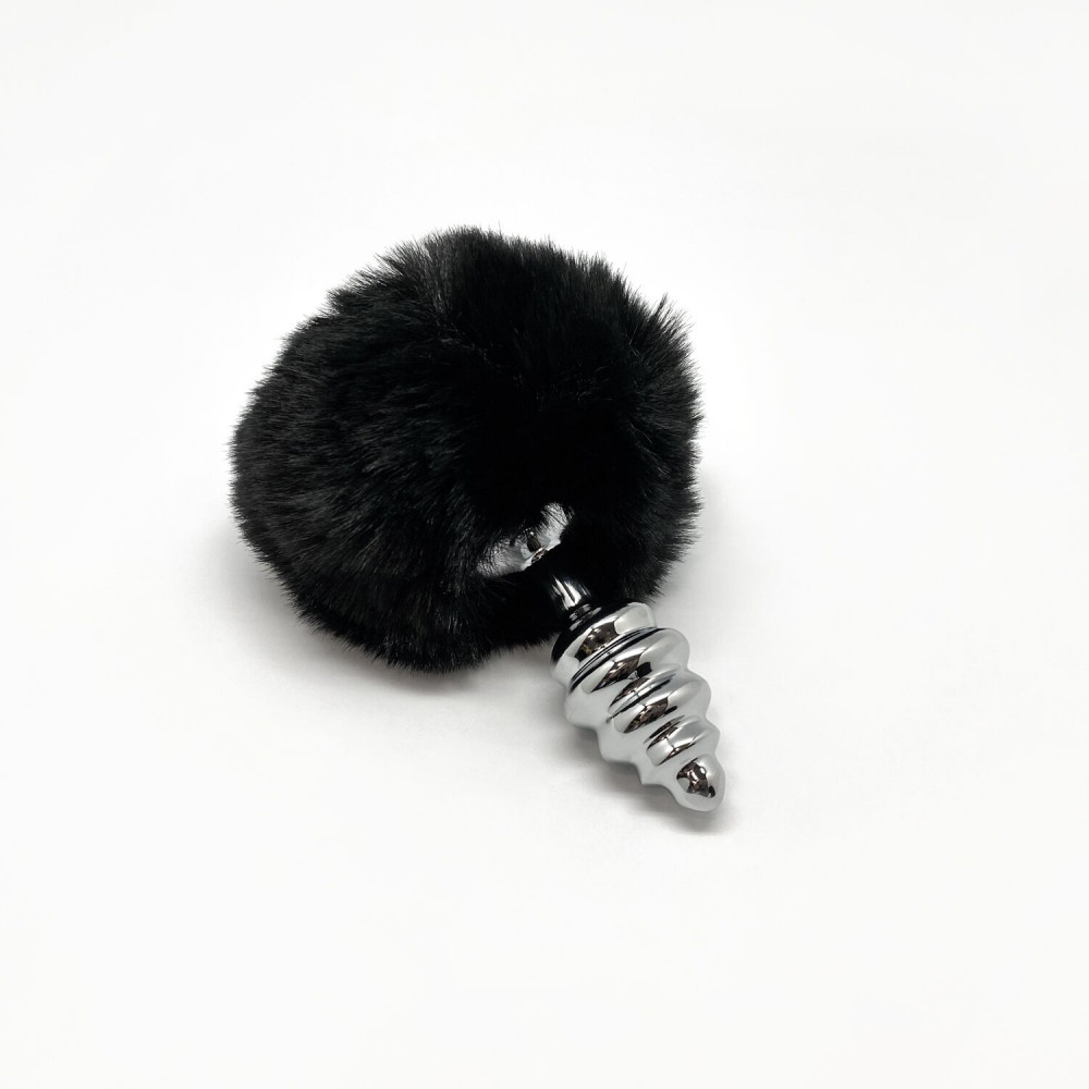 Анальный хвост - Металлическая анальная пробка Кроличий хвостик Alive Fluffy Twist Plug S Black, диаметр 2,9 см 2
