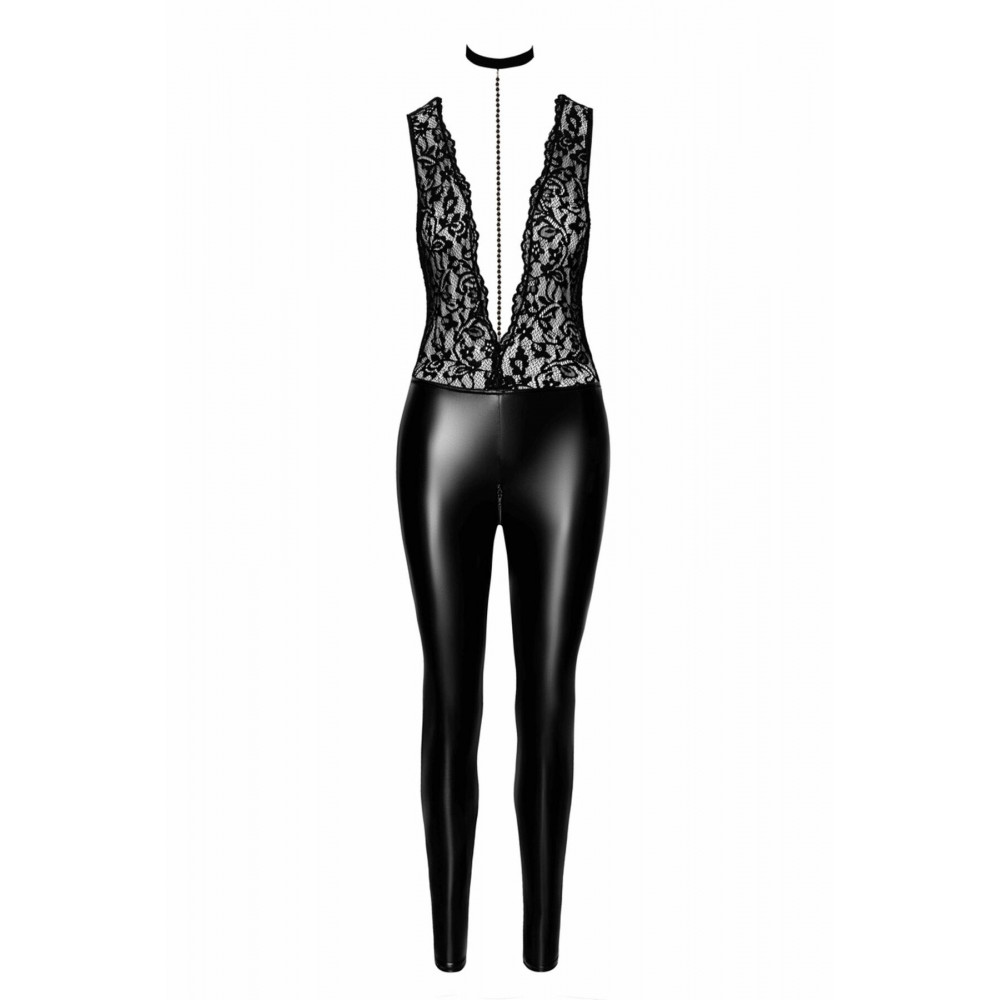 Женское эротическое белье - Комбинезон Noir Handmade F298 Libido Deep-V catsuit with collar and pearl chain - 3XL 3