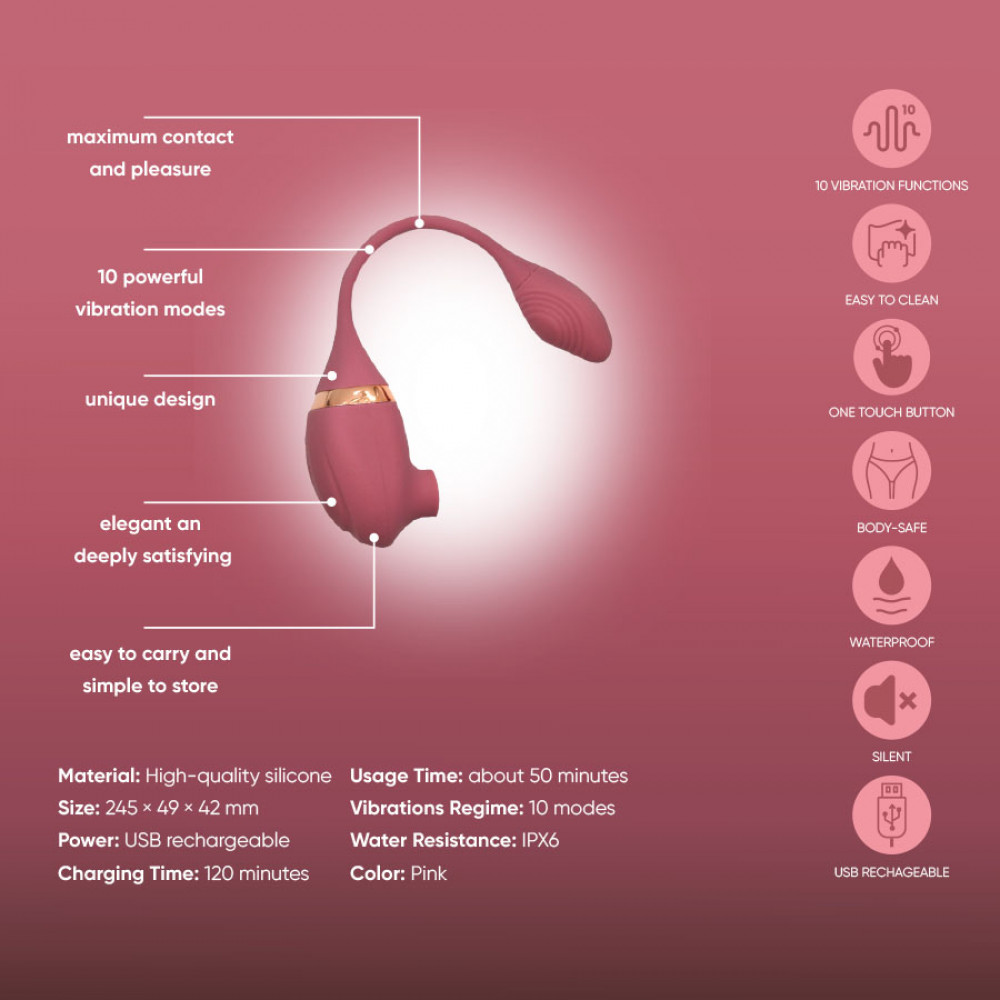Вибратор-кролик - Вакуумный вибратор с отростком для точки G Sweet Em, 7 режимов, тёмно-розовый 8
