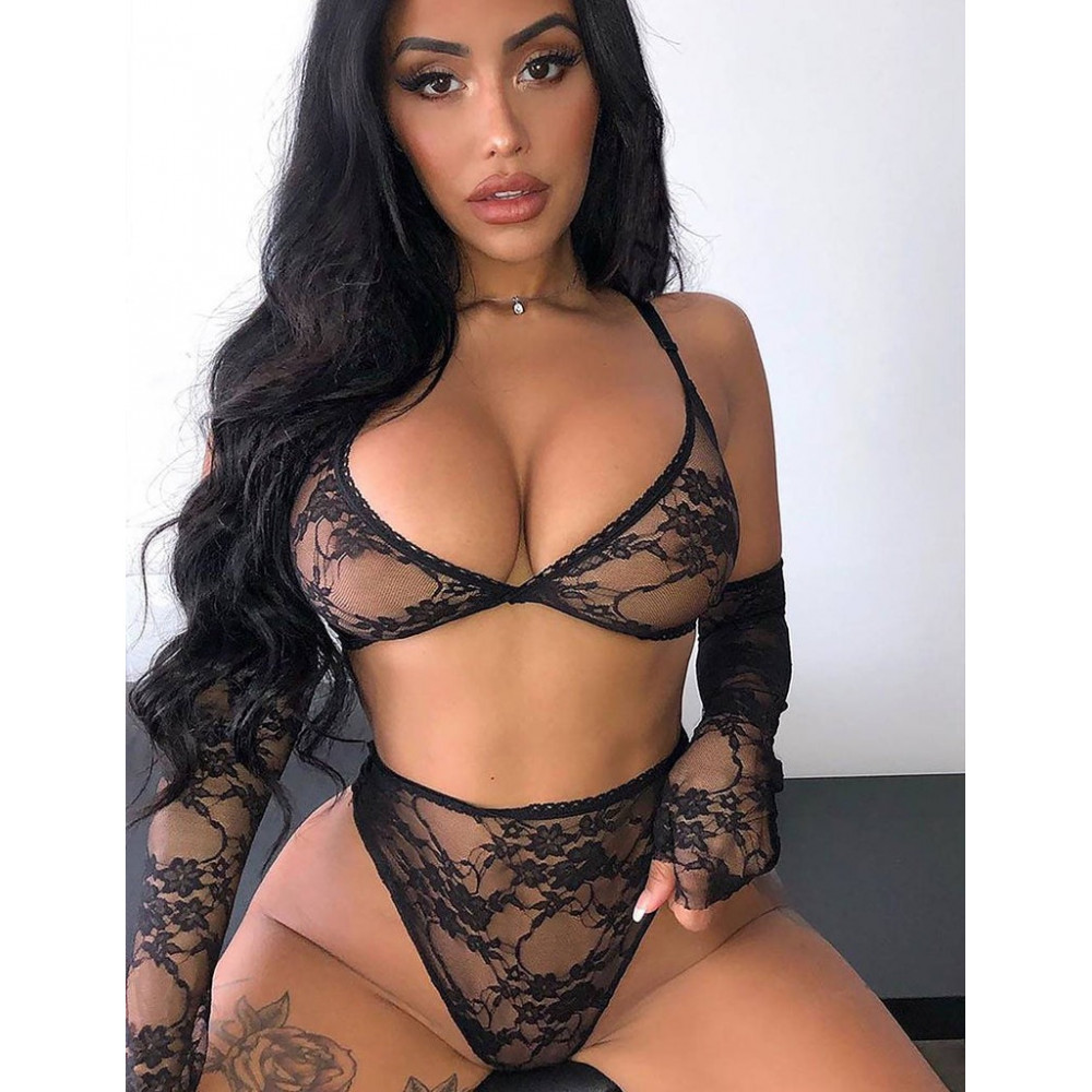 Різне - Комплект білизни з рукавичками Star Night мереживний, чорний, XS-S 1