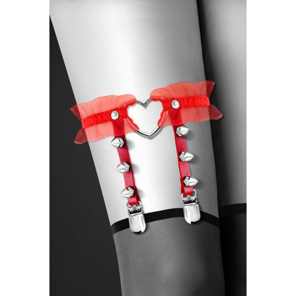 Чокеры, портупеи - Гартер на ногу Bijoux Pour Toi - WITH HEART AND SPIKES Red, сексуальная подвязка с сердечком 2