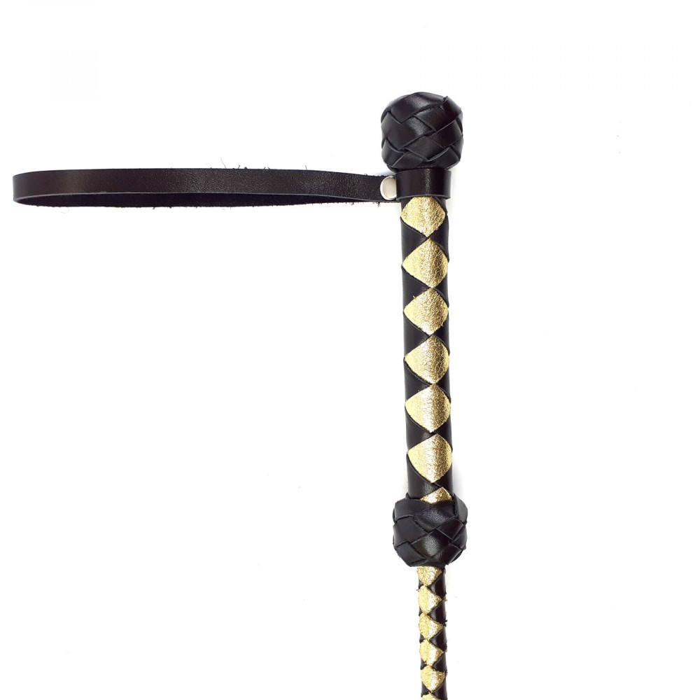БДСМ плети, шлепалки, метелочки - Стек классический, натуральная кожа 75 см, черно-золотой 2
