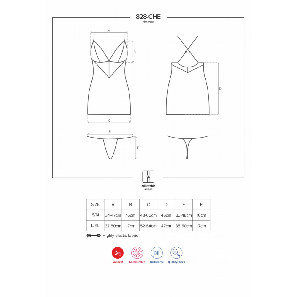 Эротические пеньюары и сорочки - Сатиновый комплект для сна с кружевом Obsessive 828-CHE-1 chemise & thong S/M, черный, сорочка, стри 2