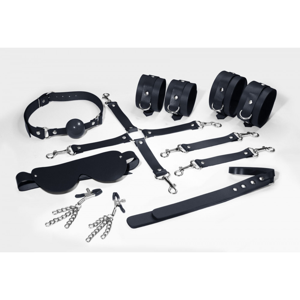 Наборы для БДСМ - Набор Feral Feelings BDSM Kit 7 Black, наручники, поножи, коннектор, маска, паддл, кляп, зажимы