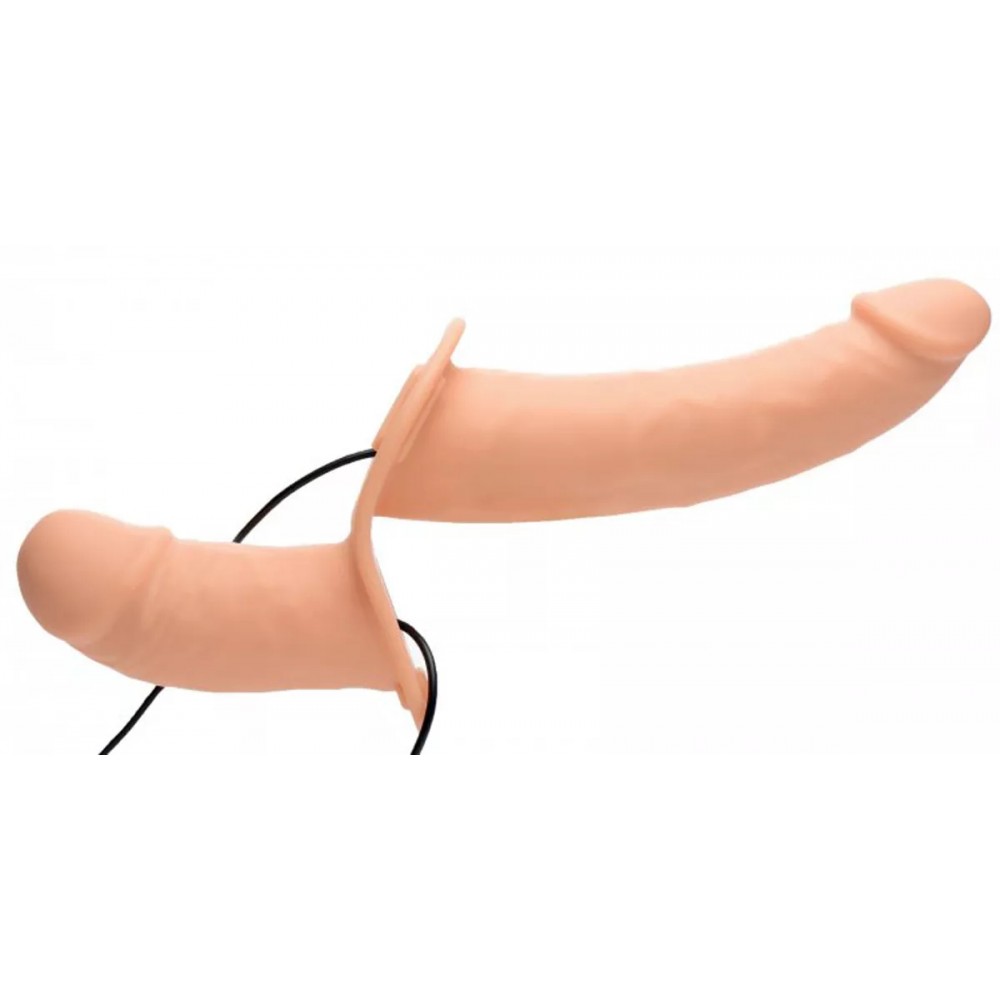Секс игрушки - Страпон с двумя фаллосами, с вибрацией на ремешках, бежевый