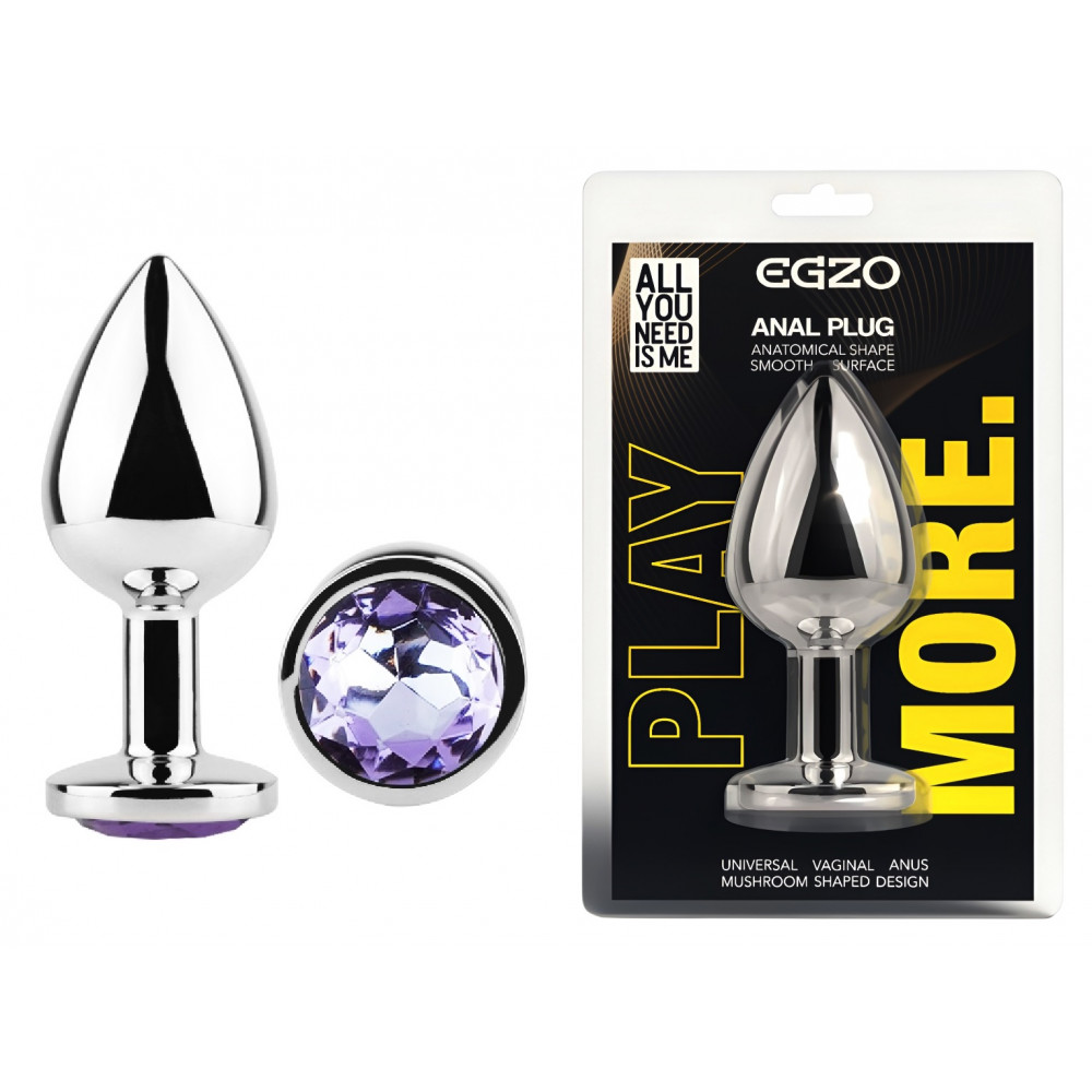  - Анальная пробка с кристаллом EGZO - Silver Round Plug Amethyst size M