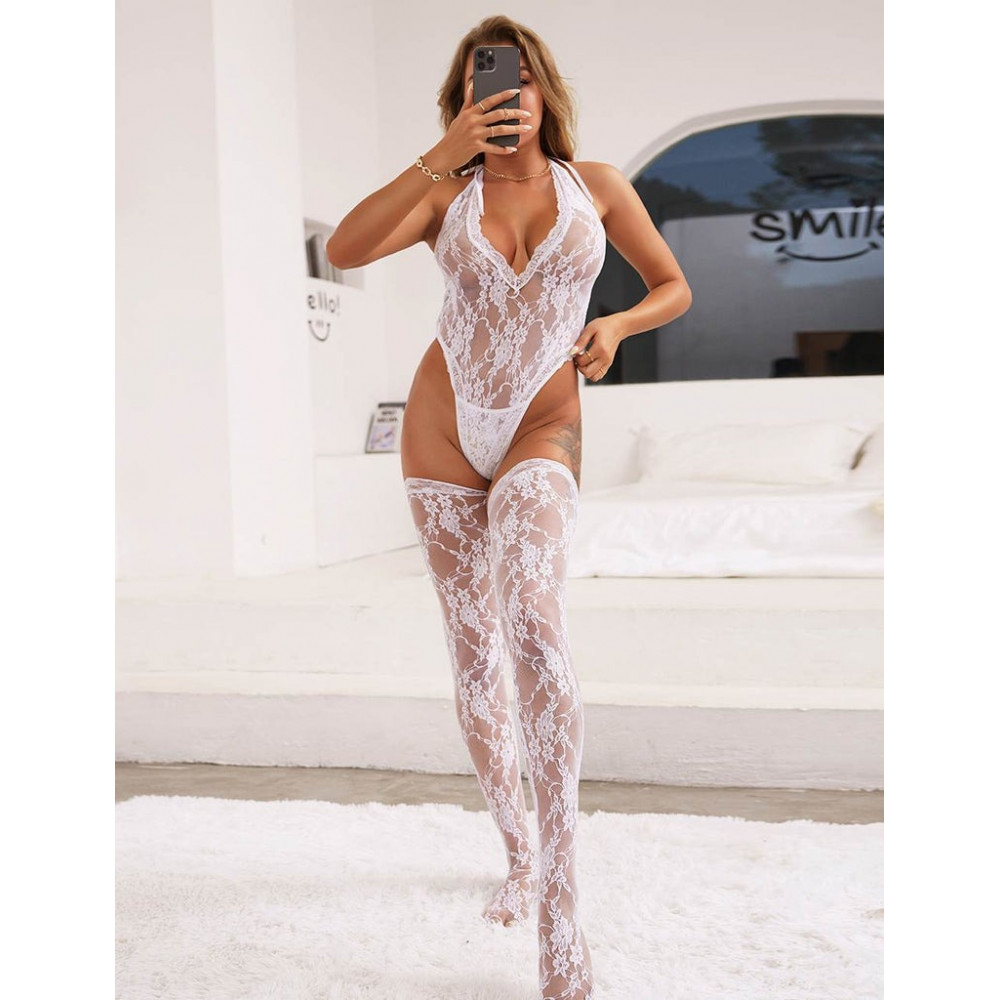 Різне - Комплект мереживний білий Star Night боді та високі панчохи, XS/S