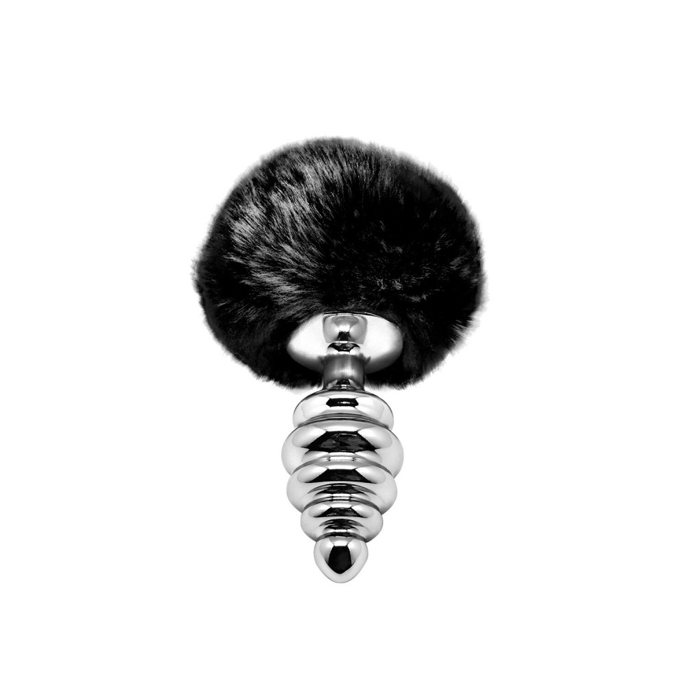 Анальный хвост - Металлическая анальная пробка Кроличий хвостик Alive Fluffy Twist Plug M Black, диаметр 3,4 см