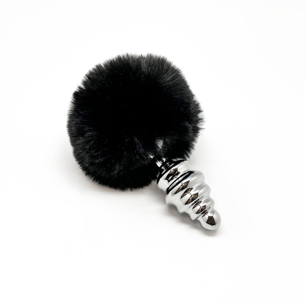 Анальный хвост - Металлическая анальная пробка Кроличий хвостик Alive Fluffy Twist Plug M Black, диаметр 3,4 см 2