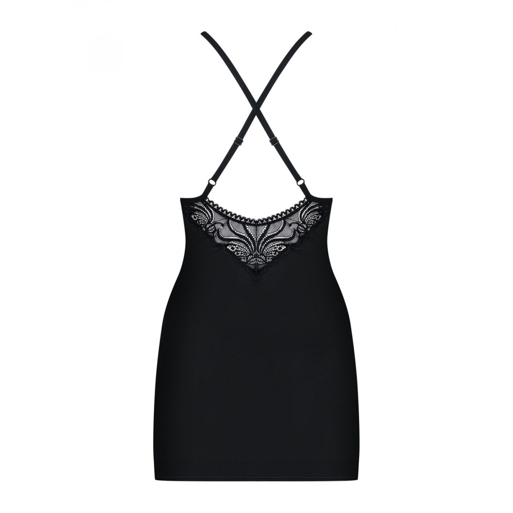Эротические пеньюары и сорочки - Сатиновый комплект для сна с кружевом Obsessive 828-CHE-1 chemise & thong L/XL, черный, сорочка 3
