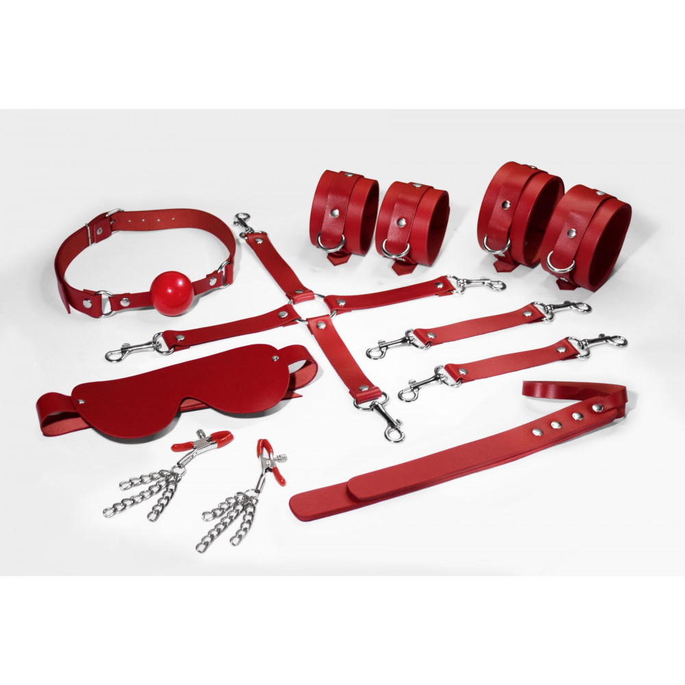 Наборы для БДСМ - Набор Feral Feelings BDSM Kit 7 Red, наручники, поножи, коннектор, маска, паддл, кляп, зажимы