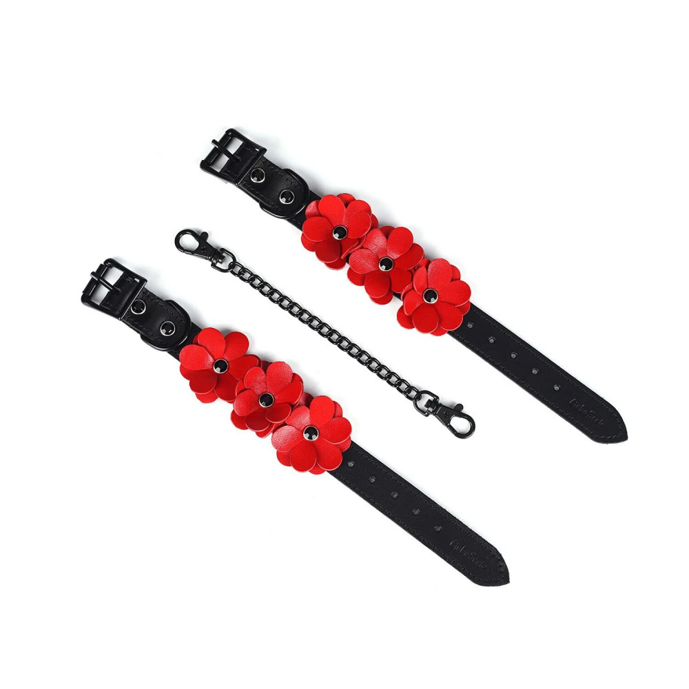 Наручники и ограничения - Наручники Liebe Seele Flower Rhythm - Black and Red Leather Flowers Hand Cuffs 1