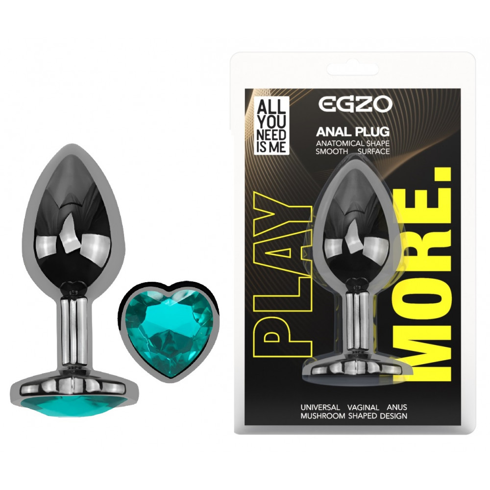 Анальные игрушки без вибрации - Анальная пробка с кристаллом EGZO - Dark Silver Heart Plug Marine size S