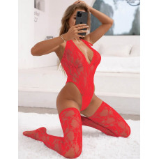 Боді з панчохами Star Night мереживне, напівпрозоре, червоний, ХL