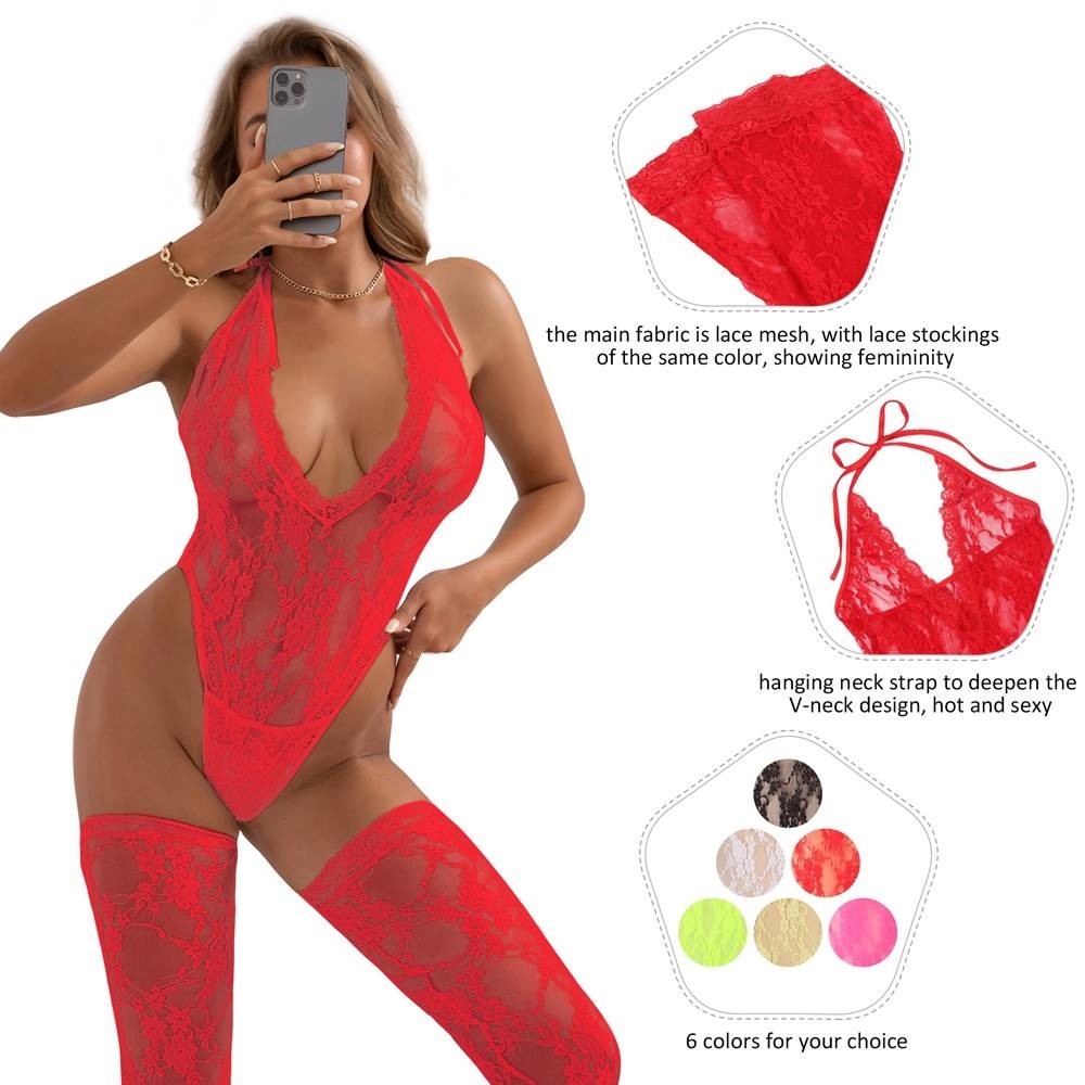 Різне - Боді з панчохами Star Night мереживне, напівпрозоре, червоний, ХL 4