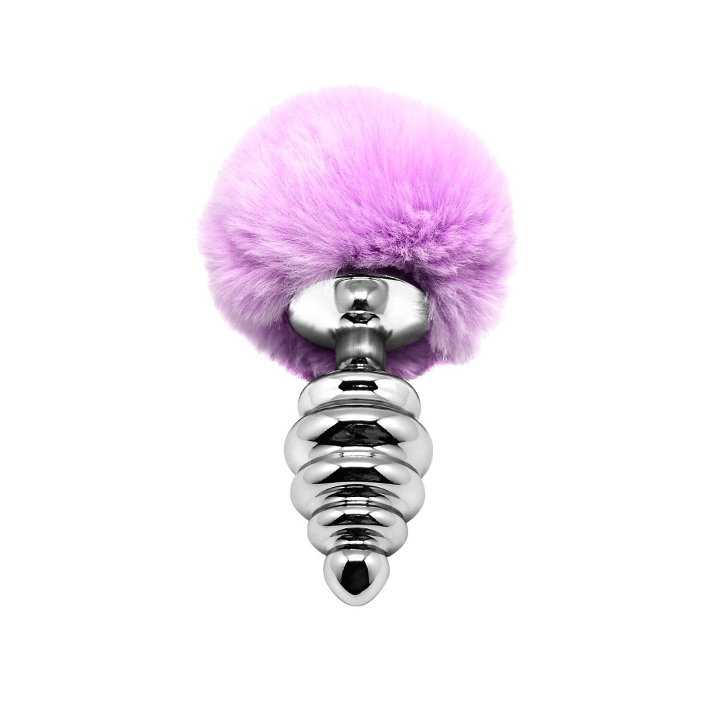 Анальный хвост - Металлическая анальная пробка Кроличий хвостик Alive Fluffy Twist Plug L Purple, диаметр 3,8 см