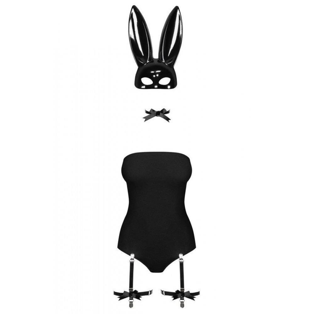 Эротические костюмы - Эротический костюм кролика Obsessive Bunny costume S/M, black, боди, чокер, гартеры, чулки, маска 3