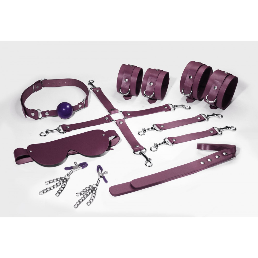 Наборы для БДСМ - Набор Feral Feelings BDSM Kit 7 Burgundy, наручники, поножи, коннектор, маска, паддл, кляп, зажимы