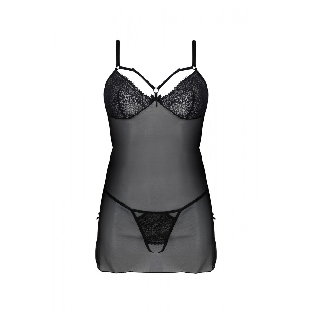 Эротические пеньюары и сорочки - Пеньюар Passion DROSERA CHEMISE black L/XL - ECO Passion 2