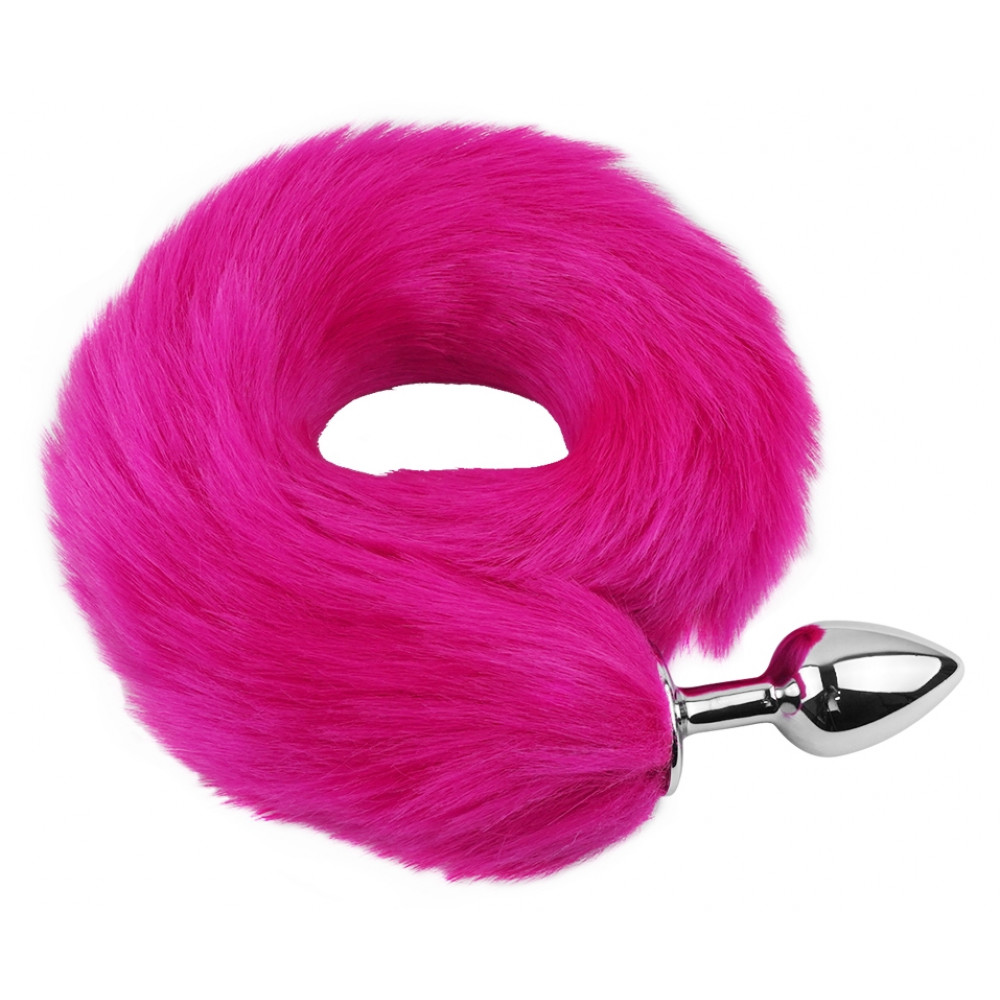 Анальные игрушки без вибрации - Анальная пробка с хвостом EGZO - Fox Tail Silver Plug Crimson, size S