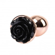 Анальная пробка со стоппером в форме черной розы S Evil Rose Chisa, металлическая, золотая