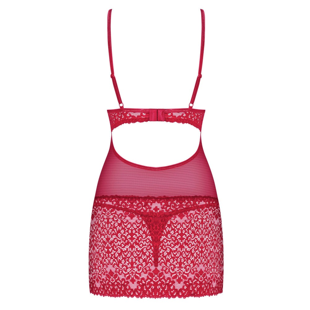 Сексуальные платья - Cорочка кружевная с вставками из сеточки Obsessive Lividia стринги в комплекте, бордовый, S/M 3
