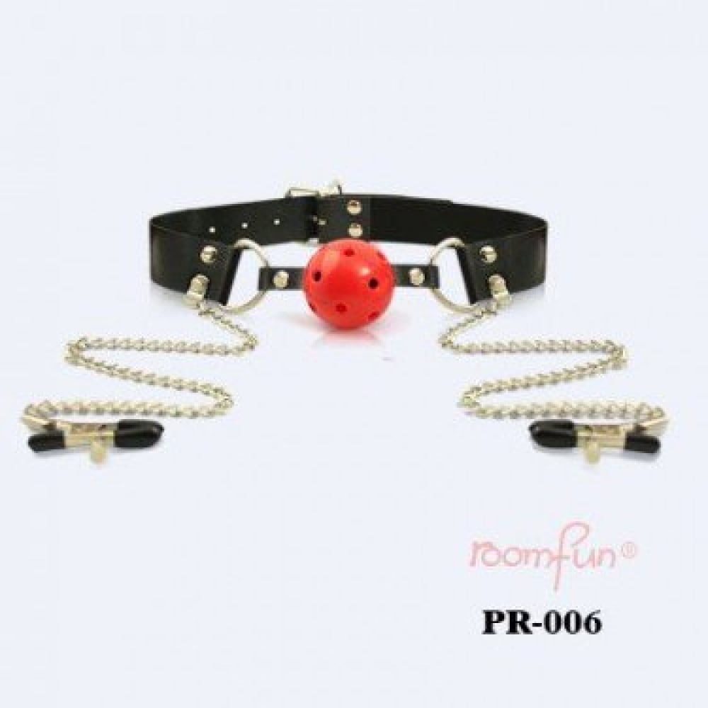  - Кляп з червоною кулькою Roоmfun та затискачами для сосків 1