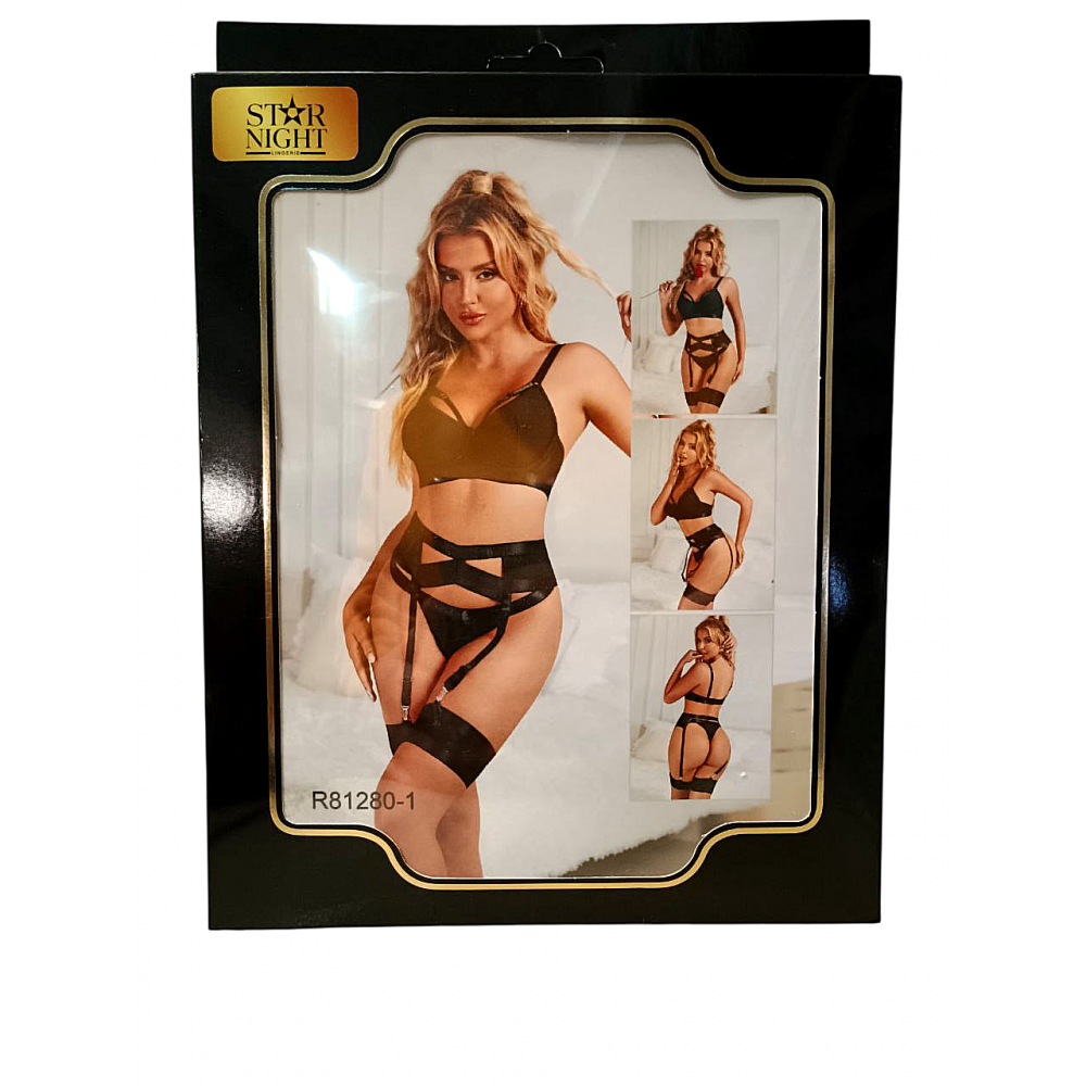 Різне - Комплект білизни чорний Star Night бюстьє+стрінги+пояс для панчох+гартери, S 7